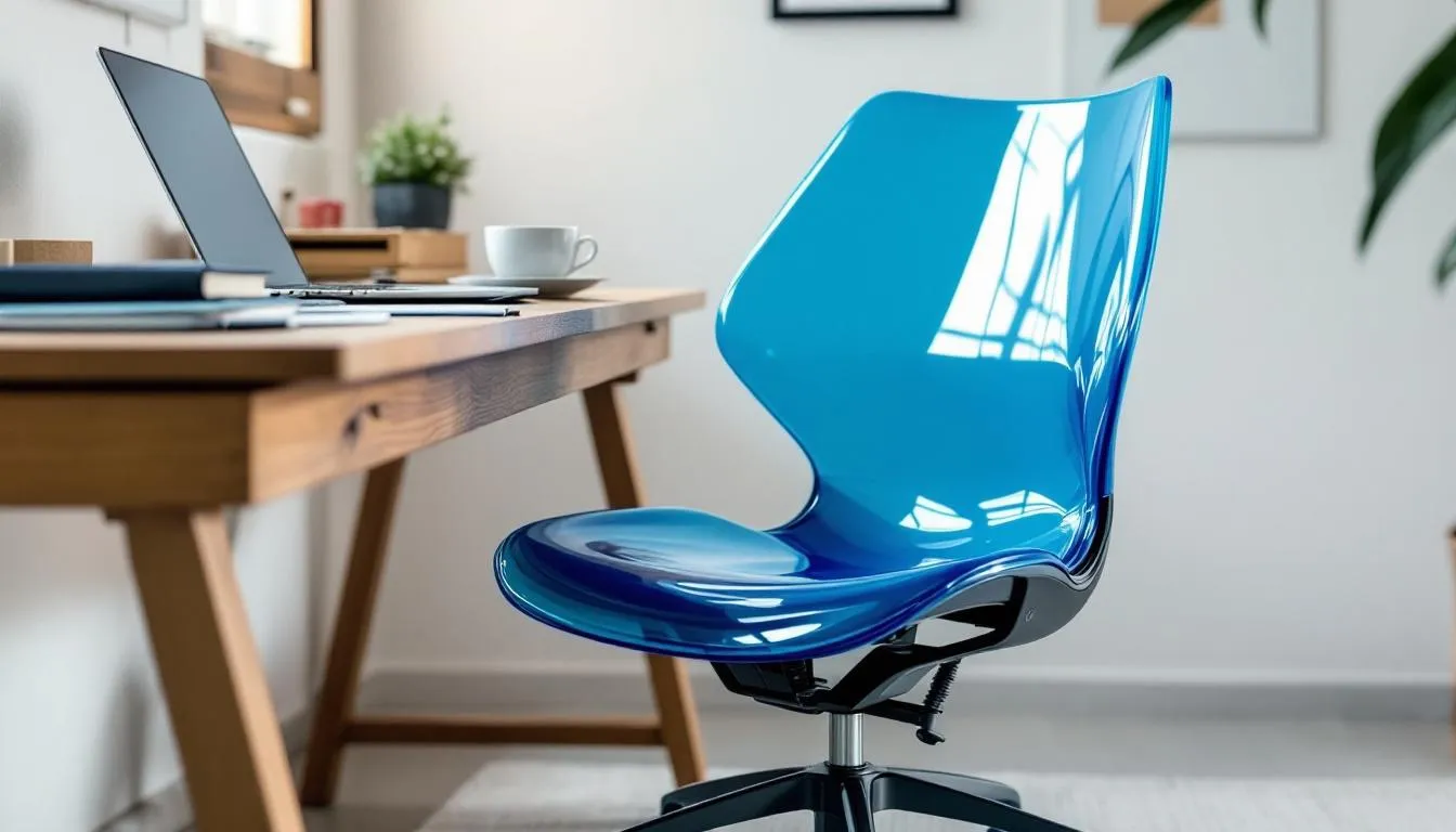 Sillas para oficina Imagen de una silla de oficina de plástico, diseñada para ofrecer confort y estilo en espacios de trabajo. La silla presenta un diseño moderno y funcional, ideal para oficinas y hogares, con ruedas para facilitar su movilidad.