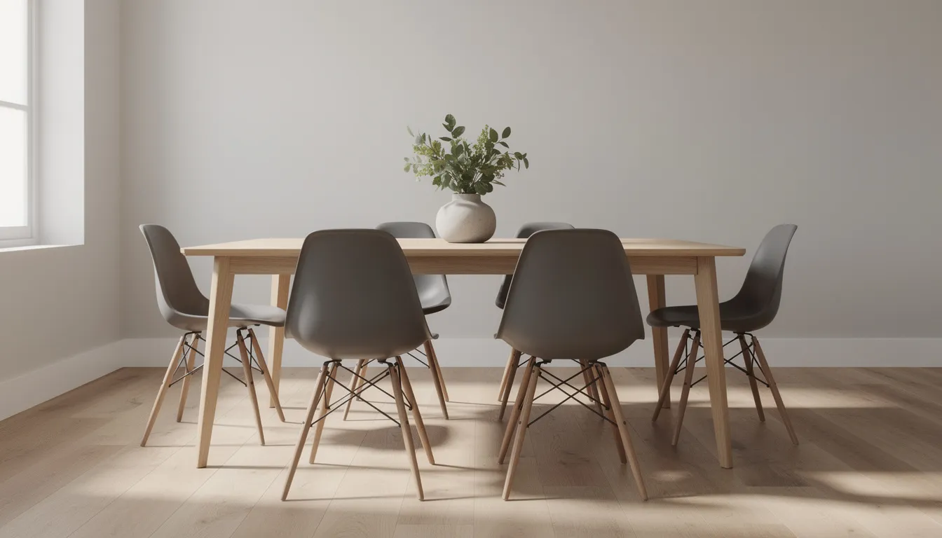 Sillas de plastico Imagen de un comedor moderno que presenta cuatro sillas de plástico estilo Eames en color gris, dispuestas alrededor de una mesa de madera clara. Este diseño contemporáneo es ideal para espacios interiores y combina estética con funcionalidad.