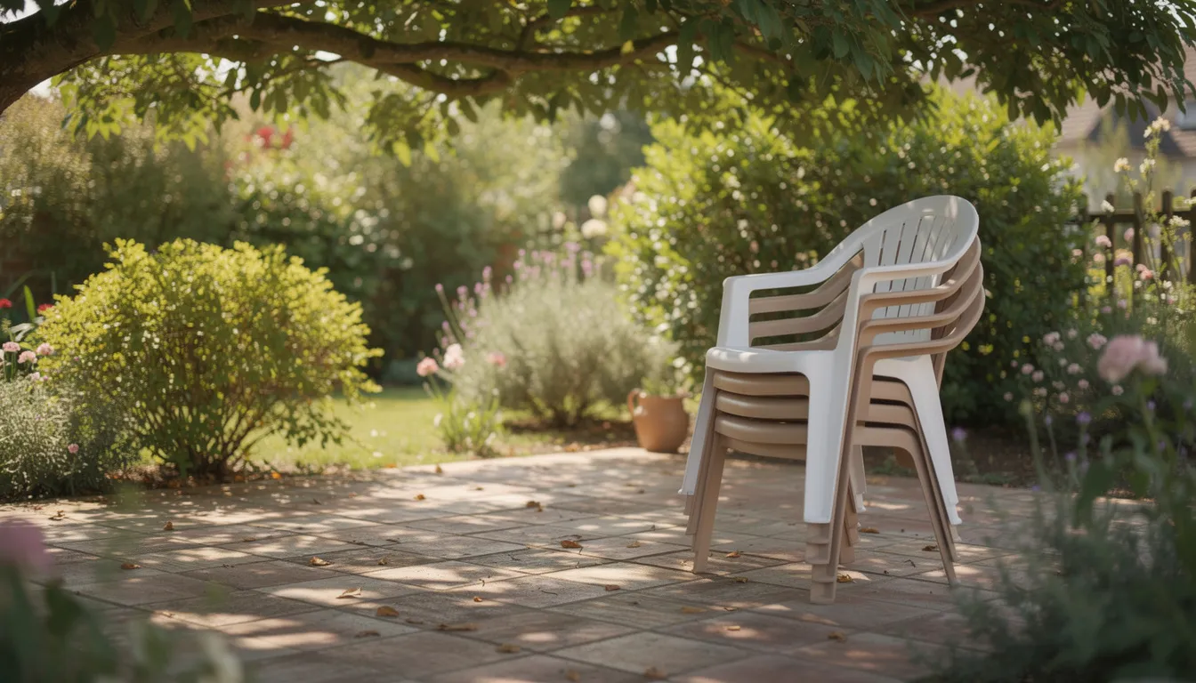 Sillas de plastico En la imagen se observa una terraza de jardín con varias sillas de plástico apilables en colores blanco y beige, colocadas bajo la sombra de un árbol, ideales para el descanso en exteriores. Estas sillas de polipropileno ofrecen durabilidad y resistencia a la intemperie, perfectas para disfrutar de espacios al aire libre.