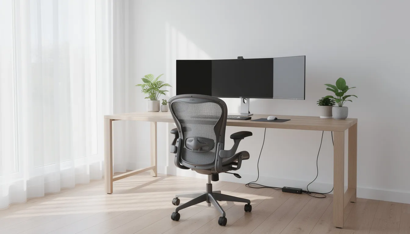 Escritorio para computadora Un moderno espacio de trabajo con un amplio escritorio de madera, un monitor grande y una silla ergonómica, todo en una habitación bien iluminada que refleja un diseño funcional y estilizado. La estación de trabajo está organizada y lista para el uso diario, ideal para la productividad en oficinas o en casa.