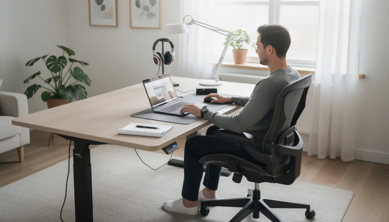 Escritorio para computadora Una persona está trabajando cómodamente en un escritorio ergonómico, rodeada de una organización eficiente con una laptop y accesorios bien dispuestos. El espacio refleja un diseño funcional y estilizado, ideal para oficinas o estaciones de trabajo en casa.
