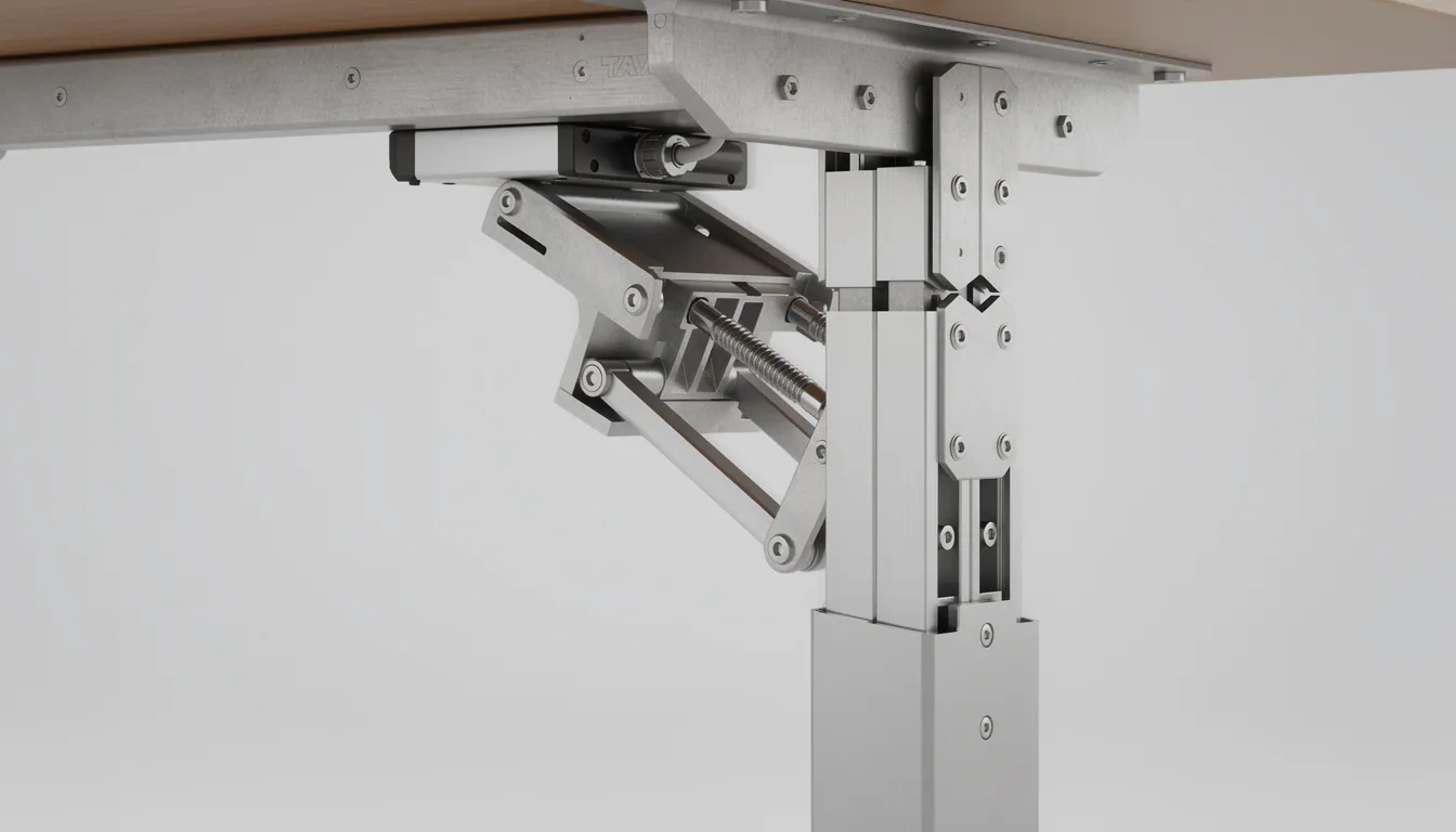 Escritorios elevables Imagen que muestra el detalle de la estructura metálica y las columnas telescópicas de un escritorio elevable en movimiento, destacando su diseño funcional y la opción de ajustar la altura para mejorar la postura durante el trabajo.