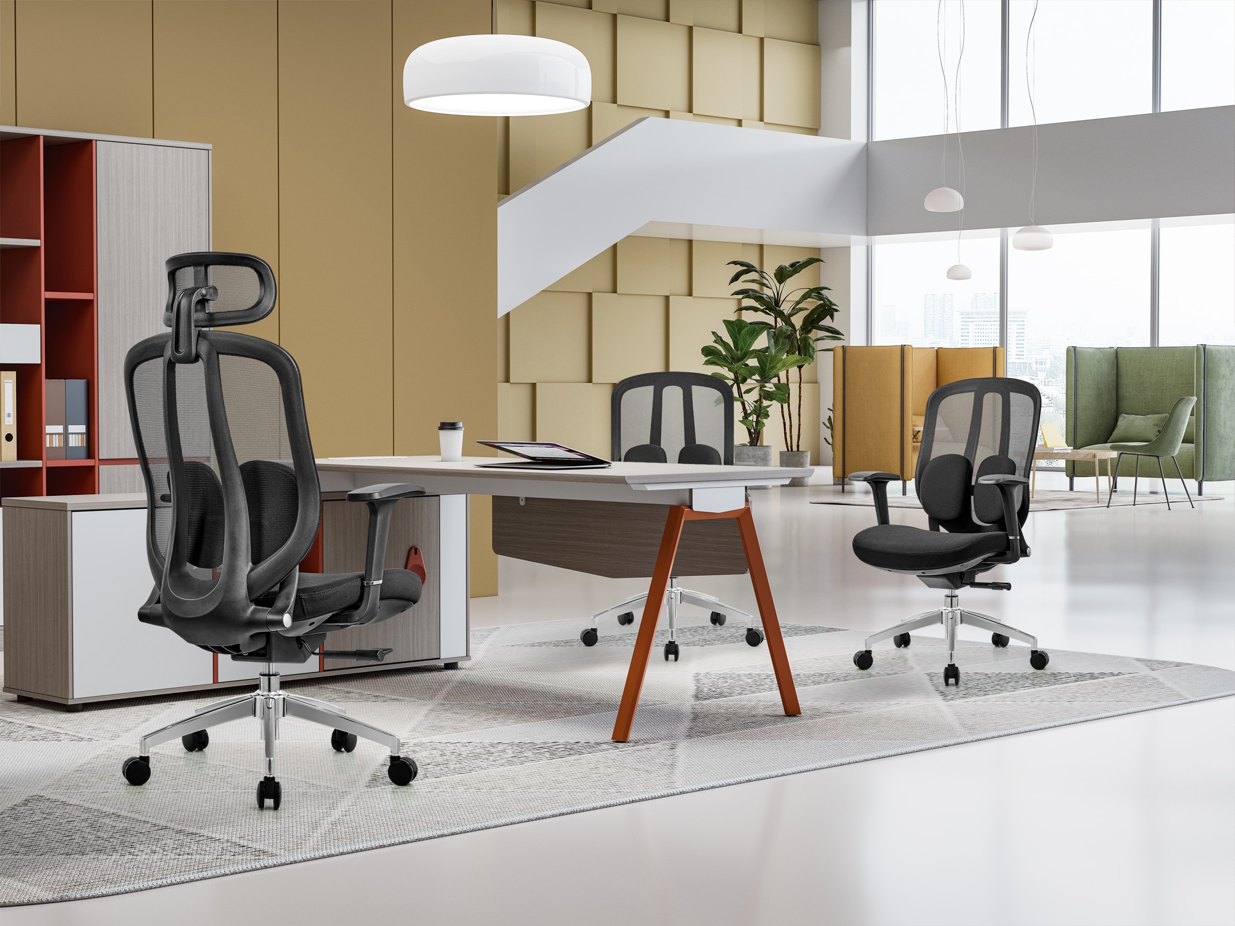 Mobiliario y equipo de oficina Silla ergonómica de oficina en color negro, diseñada con soporte lumbar ajustable y brazos regulables, ideal para mejorar la comodidad y productividad en el entorno laboral. Este mobiliario de oficina combina funcionalidad y diseño para satisfacer las necesidades de las personas en su espacio de trabajo.