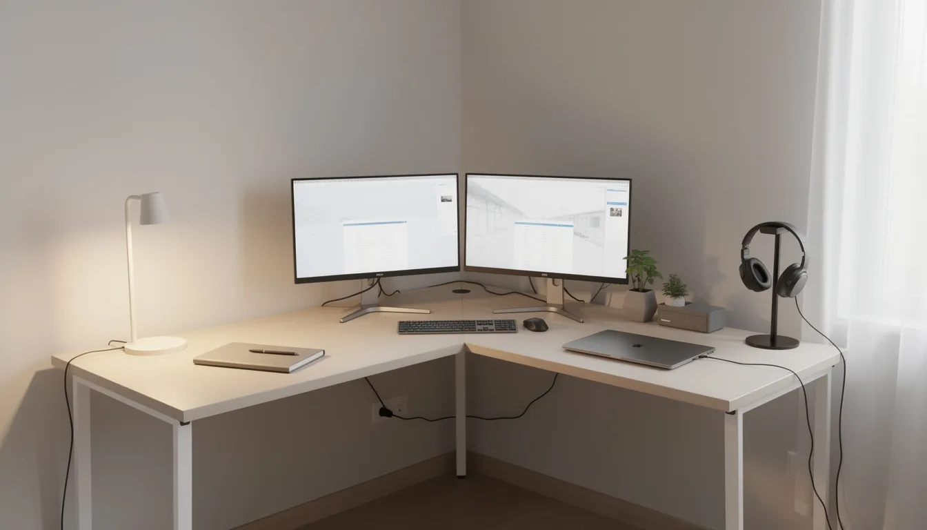 Escritorio para computadora Escritorio en forma de L ubicado en la esquina de una habitación, con dos monitores y accesorios organizados que maximizan el espacio de trabajo. El diseño funcional y moderno de este escritorio crea un ambiente ideal para la productividad en la oficina o en casa.
