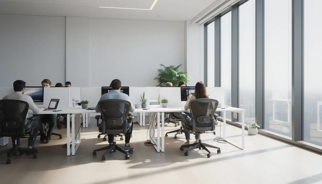 Mobiliario y equipo de oficina Imagen de una oficina moderna que presenta escritorios blancos y sillas ergonómicas, donde varias personas están trabajando en computadoras. La luz natural ilumina el espacio, creando un ambiente cómodo y funcional que favorece la productividad.