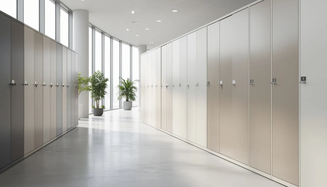 La imagen muestra un moderno espacio de oficina con filas de elegantes lockers metálicos en tonos neutros. El entorno es limpio y está iluminado de manera natural, ofreciendo un ambiente funcional y organizado para el guardado de pertenencias.