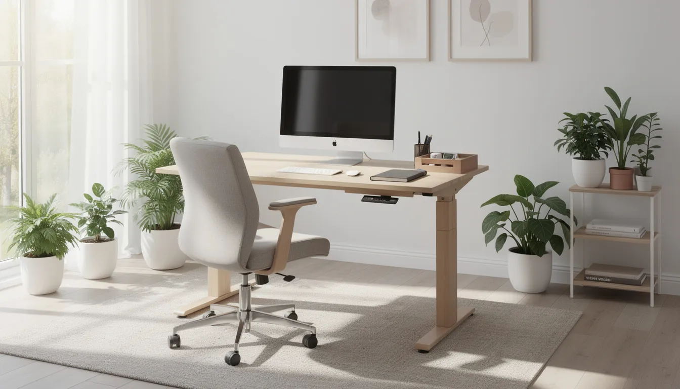 Escritorios elevables Un espacio de home office luminoso que incluye un escritorio elevable, rodeado de plantas y con accesorios de trabajo organizados, creando un ambiente propicio para la productividad. La disposición ordenada de los elementos resalta la importancia de una buena postura y un diseño funcional en el trabajo diario.
