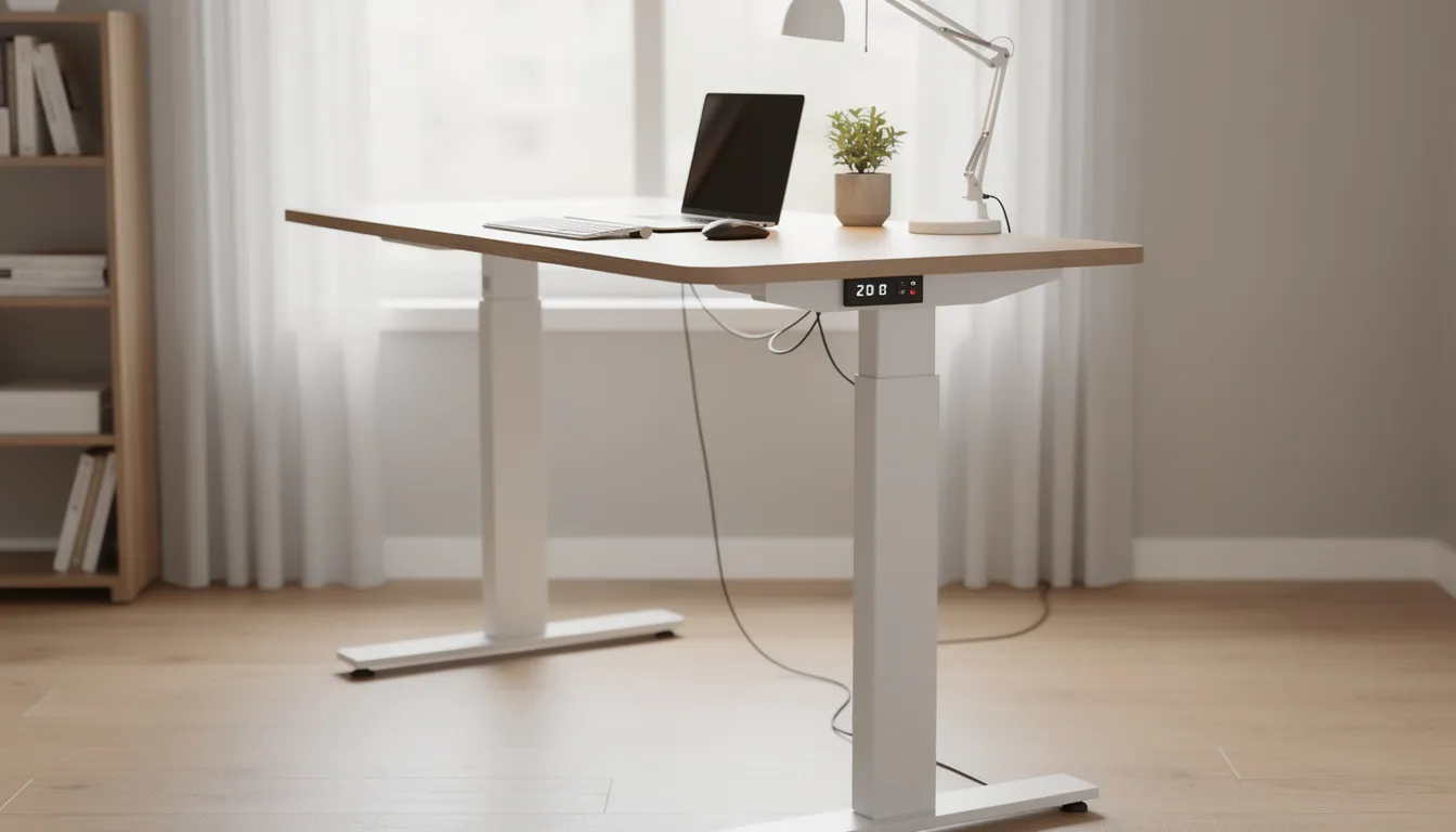Escritorios elevables El imagen muestra un escritorio de altura ajustable, ideal para mejorar la postura y la productividad en el trabajo. Su diseño moderno permite cambiar la altura fácilmente, adaptándose a las necesidades del usuario en cualquier espacio de oficina.