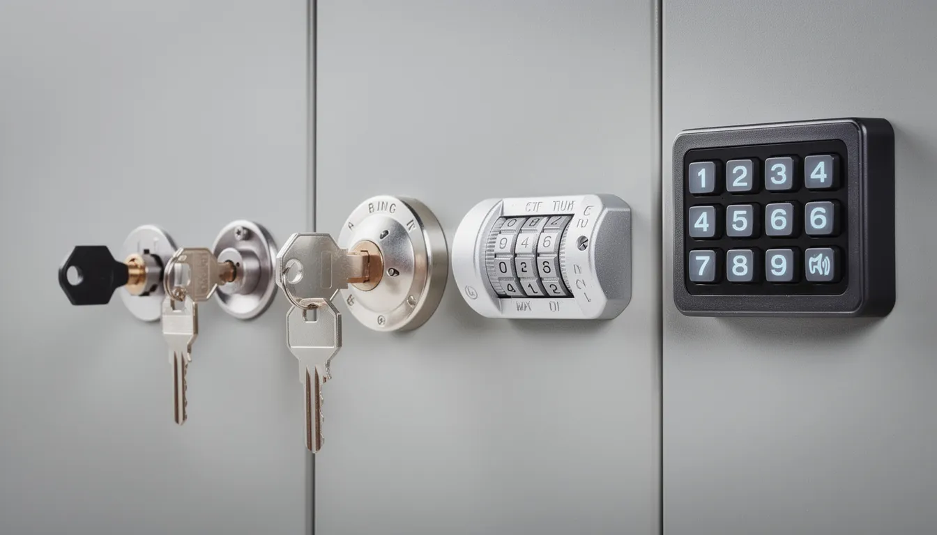 Imagen en primer plano que muestra varios mecanismos de cerraduras de casilleros, incluyendo cerraduras de llave, diales de combinación y teclados electrónicos, todos diseñados para ofrecer seguridad y funcionalidad en lockers metálicos. Estos mecanismos son esenciales para el guardado seguro de pertenencias en oficinas y otros espacios de trabajo.
