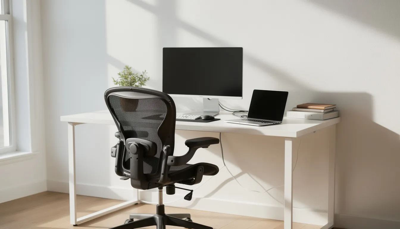 Mesa para computadora Espacio de trabajo moderno y luminoso que incluye un escritorio ordenado de madera, un monitor y una laptop, complementado con una silla ergonómica. El ambiente está diseñado para fomentar la productividad en el hogar, ideal para oficinas o estudios.