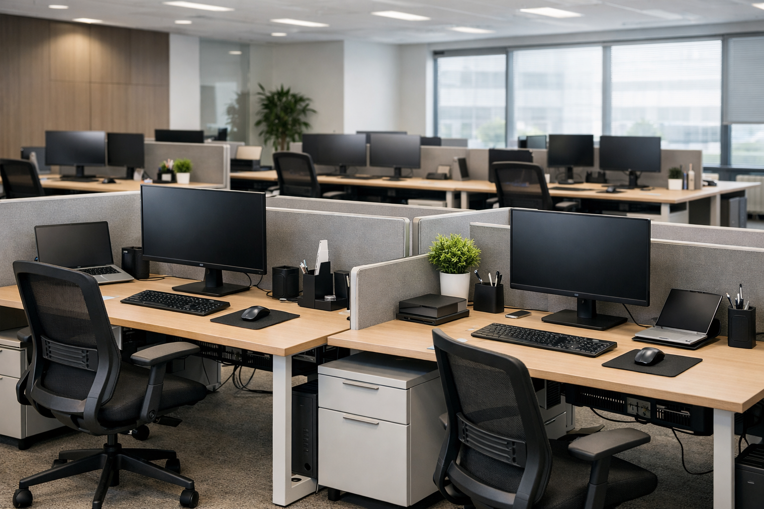 El despacho ejecutivo presenta un elegante escritorio de madera en tonos oscuros, acompañado de una silla ergonómica que ofrece comodidad para largas horas de trabajo. Este espacio está diseñado para la funcionalidad y organización, ideal para satisfacer las necesidades de profesionales en un entorno de oficina.