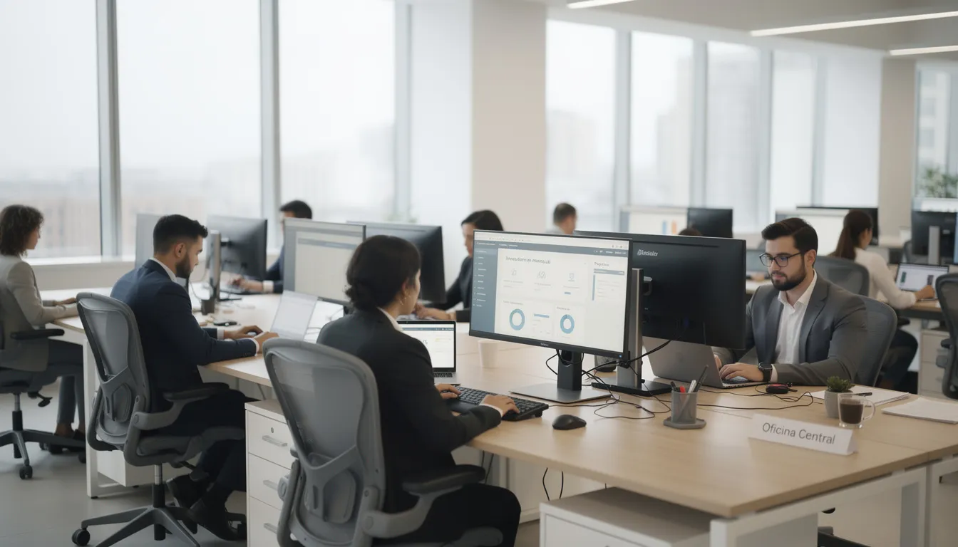Mesa para computadora Imagen de una oficina profesional que presenta múltiples estaciones de trabajo ordenadas, con escritorios de madera y monitores, donde varios empleados están concentrados en sus computadoras. El ambiente refleja un diseño moderno y funcional, ideal para el trabajo colaborativo.
