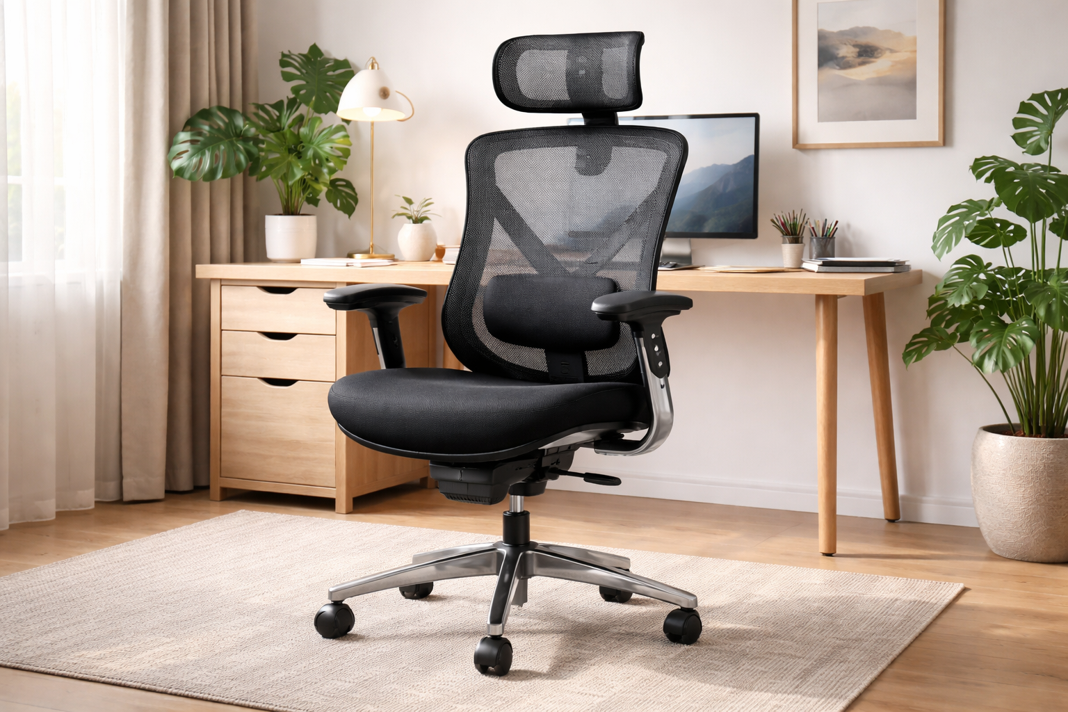 Silla ergonomica Silla de oficina ergonómica en un espacio de trabajo luminoso. La silla cuenta con respaldo y reposabrazos, brindando soporte para la columna vertebral durante largas horas de trabajo.