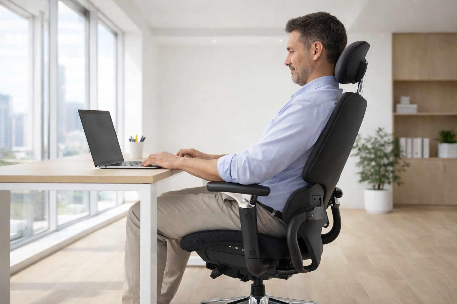 Silla ergonomica Una persona está trabajando cómodamente en una oficina moderna, rodeada de luz natural, sentada en una silla ergonómica que proporciona soporte a su postura y comodidad. El diseño del espacio incluye un escritorio elegante y funcional que favorece la productividad.