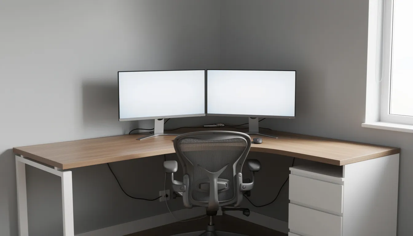 Mesa para computadora Escritorio en forma de L en la esquina de una oficina, equipado con dos monitores y una silla ergonómica, ideal para el trabajo y el estudio. El diseño moderno y funcional de este mueble de madera maximiza el espacio y la comodidad en el hogar o en la oficina.