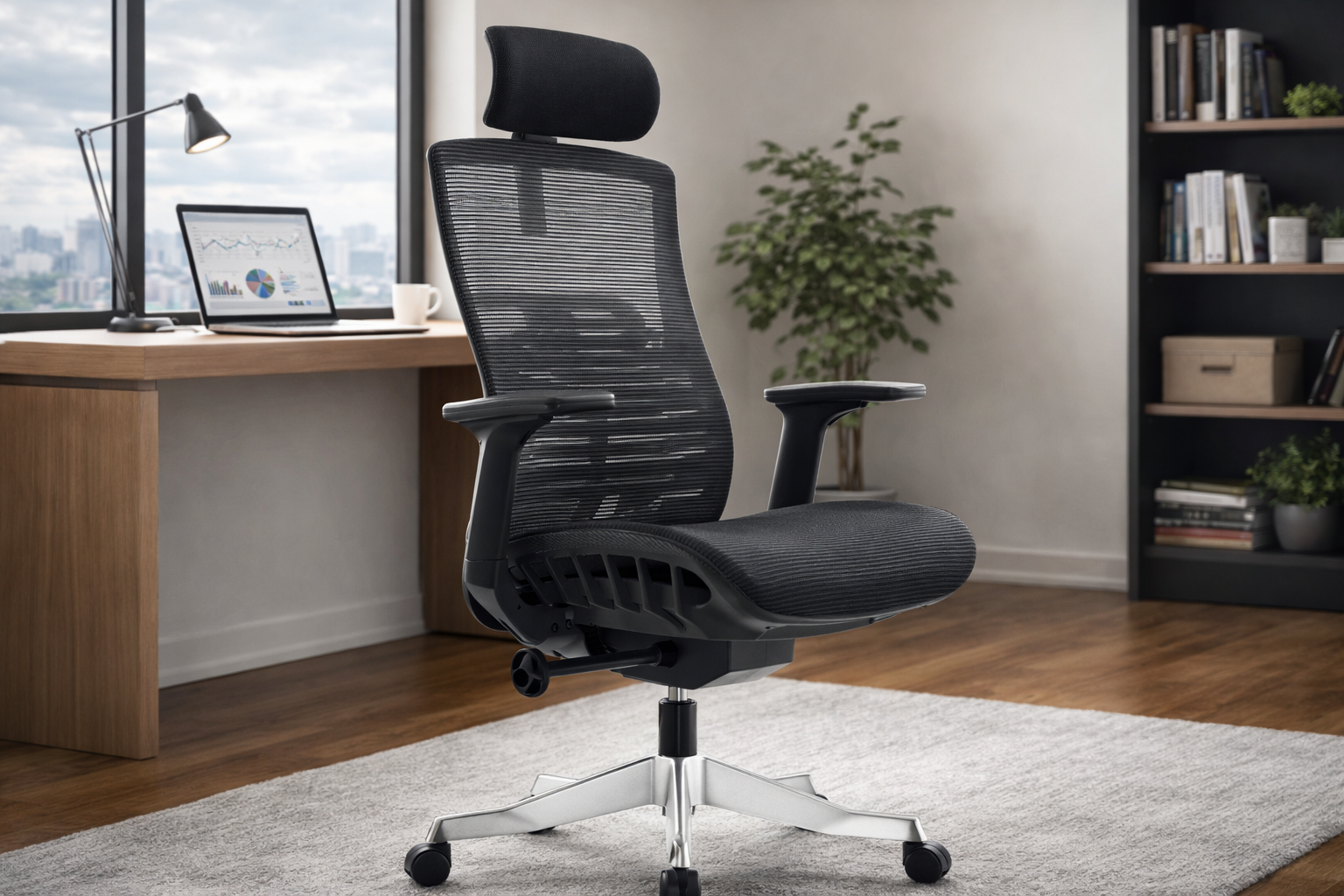 Silla ergonomica Imagen de una silla de oficina profesional, diseñada ergonómicamente, con respaldo de malla que permite la circulación del aire. La silla cuenta con múltiples ajustes para ofrecer confort y soporte a la columna vertebral, ideal para un espacio de trabajo productivo.