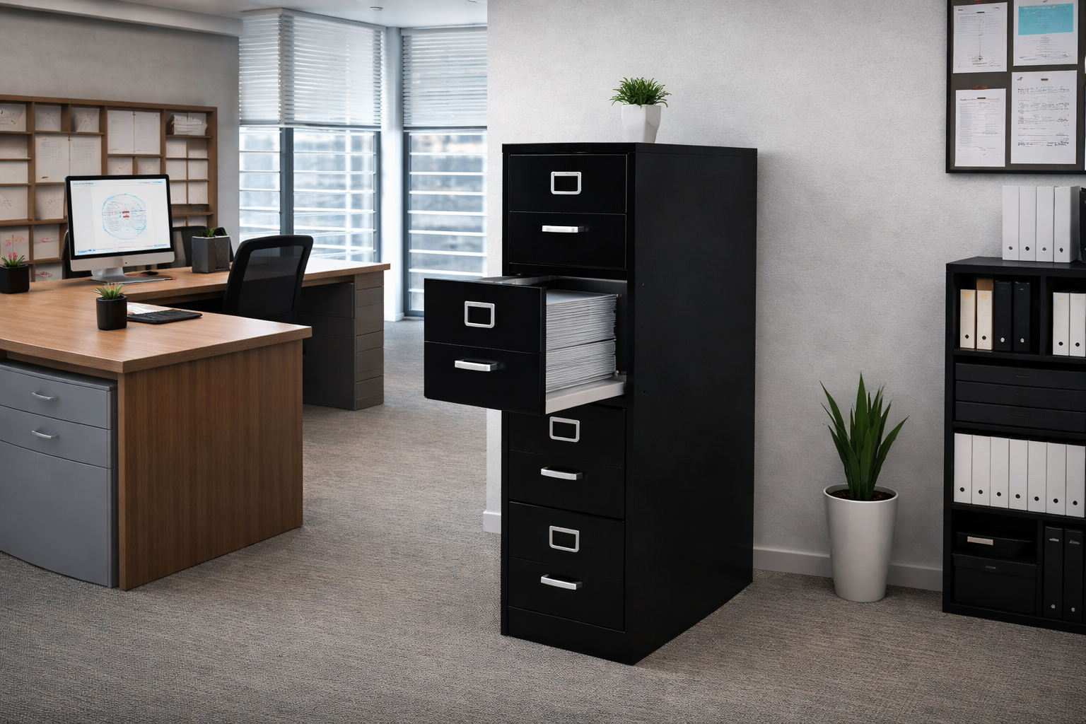 La imagen muestra una oficina corporativa moderna, donde se pueden ver un archivero metálico negro organizado de manera ordenada. Este espacio está diseñado para facilitar la organización de documentos y mejorar la eficiencia en el ambiente laboral.